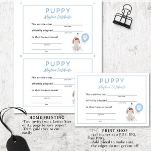 May include: Printable puppy adoption certificate with a blue and white color scheme. The certificate features a cartoon puppy wearing a party hat and holding a balloon. The text on the certificate reads "Puppy Adoption Certificate".
