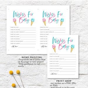 K&ouml;nnte beinhalten: Zwei druckbare Karten mit einem Design aus blauen und rosa Eiswaffeln. Die Karten enthalten den Text "Wishes for Baby" und eine Liste von W&uuml;nschen f&uuml;r ein Baby. Die Karten sind 5x7 Zoll gro&szlig; und k&ouml;nnen als PDF, JPG oder PNG gedruckt werden.