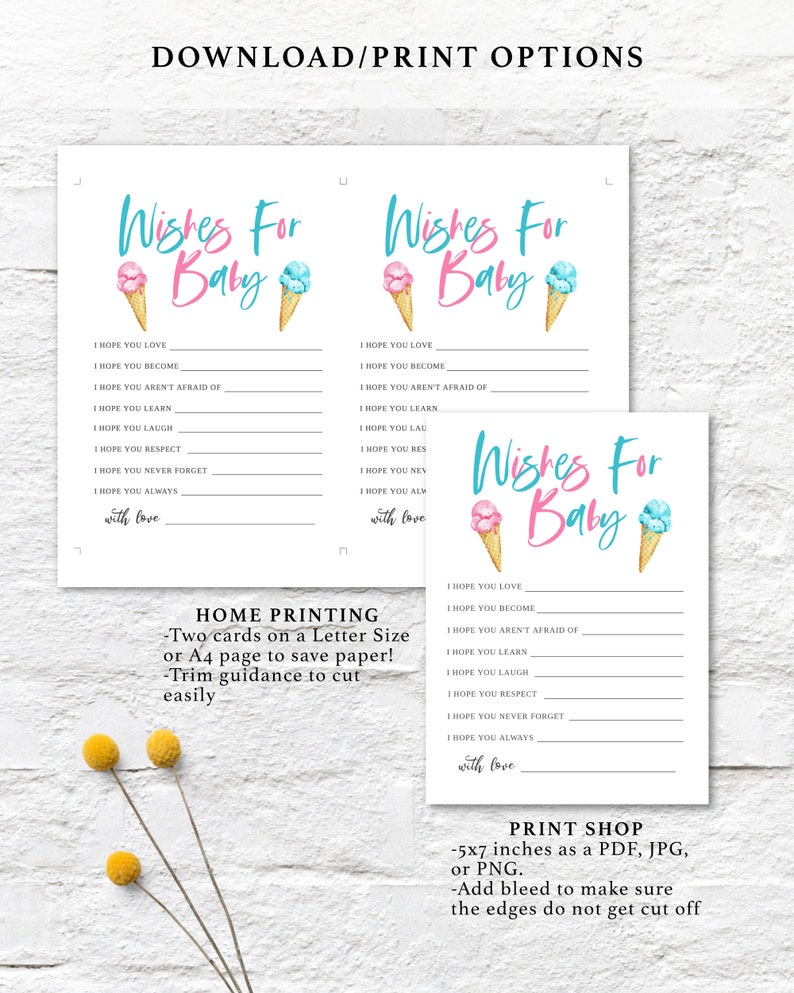 K&ouml;nnte beinhalten: Zwei druckbare Karten mit einem Design aus blauen und rosa Eiswaffeln. Die Karten enthalten den Text "Wishes for Baby" und eine Liste von W&uuml;nschen f&uuml;r ein Baby. Die Karten sind 5x7 Zoll gro&szlig; und k&ouml;nnen als PDF, JPG oder PNG gedruckt werden.