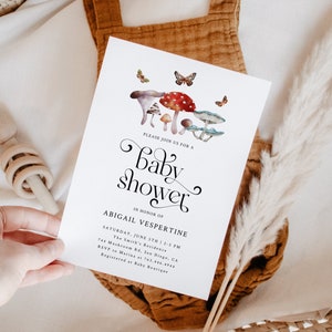 Baby shower champignon | Invitation rustique de baby shower | Baby shower bohème | Téléchargement instantané | Modèle de carte modifiable M08