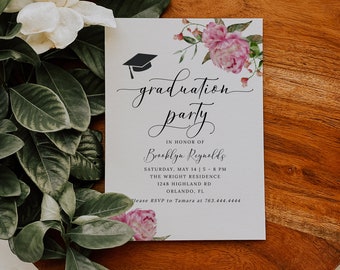 May include: A graduation party invitation with a floral design and a black graduation cap. The invitation is for Brooklyn Reynolds and is set for Saturday, May 14th from 5 to 8 PM at The Wright Residence, 1248 Highland Rd, Orlando, FL. Please RSVP to Tamara at 763.444.4444.