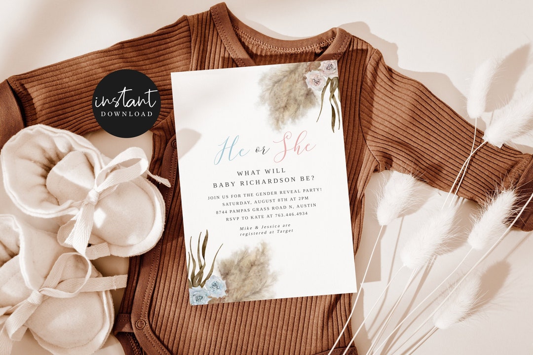 Boho Gender Reveal Party Invitation | Pampas Grass Invite | He or She ...