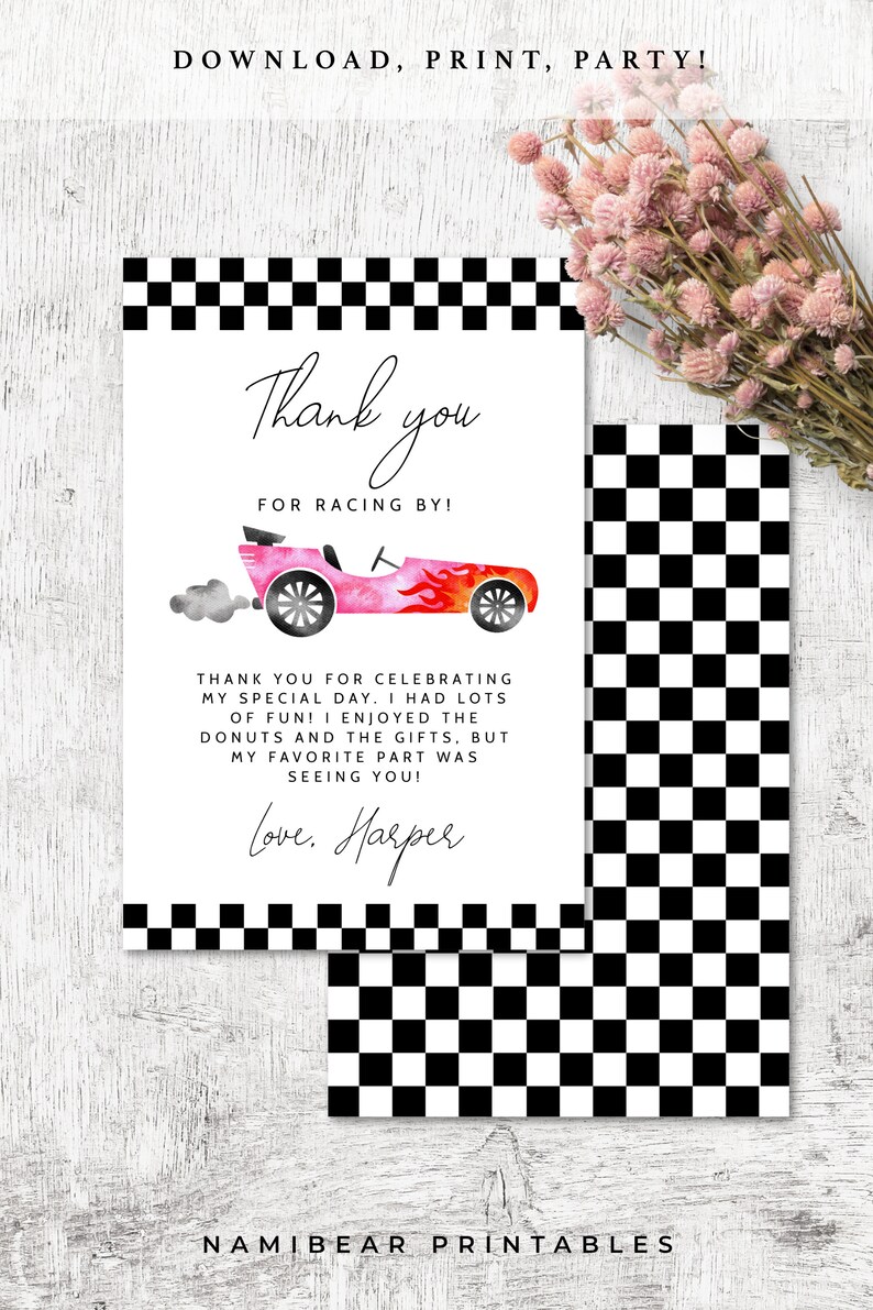 Printable Race Car Theme Girl's Birthday Party Thank You - Etsy