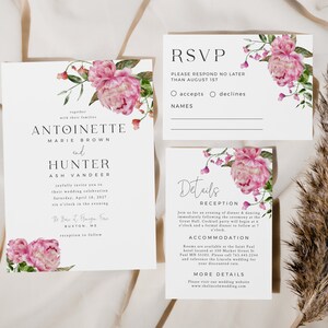 Blumen Hochzeitseinladung Set | Rosa Pfingstrose Einladen Set | Gartenhochzeit | Hochzeit Printable | Sofort Download F05