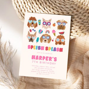 May include: A cream-colored invitation card with the text "SPLISH SPLASH" and "HARPER'S 7TH BIRTHDAY". The card features illustrations of dogs wearing sunglasses and summer-themed icons. The card is set against a woven background.