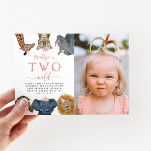 May include: A pink and white birthday invitation with a photo of a young girl. The invitation says "Brooklyn is TWO wild" and includes details about the party, including the date, time, location, and RSVP information.