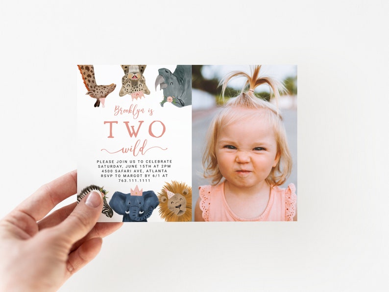 May include: A pink and white birthday invitation with a photo of a young girl. The invitation says "Brooklyn is TWO wild" and includes details about the party, including the date, time, location, and RSVP information.