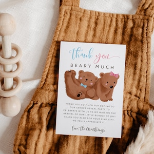 Tarjeta de agradecimiento por la fiesta de revelación de género / Muchas gracias Beary / Cachorro de oso / Plantilla editable / Descarga instantánea / Bosque / Tarjeta 4x6 B08
