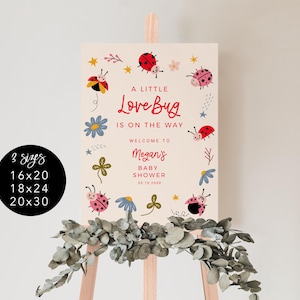 May include: A pink and white baby shower sign with a ladybug theme. The sign says "A Little Love Bug is on the Way" and "Welcome to Megan's Baby Shower".