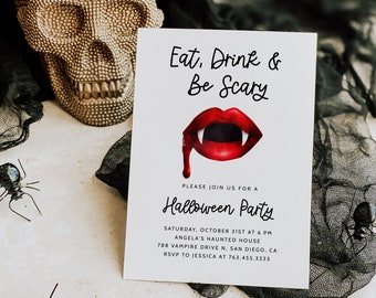 May include: A white invitation card with the text "Eat, Drink & Be Scary" and a red vampire mouth with fangs. The invitation is for a Halloween party on October 31st at 6 PM at Angela's Haunted House, 788 Vampire Drive N, San Diego, CA. RSVP to Jessica at 763.455.3333.