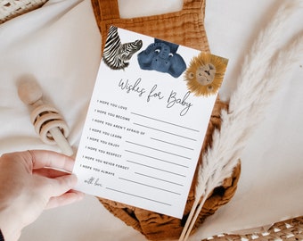 Printable Safari Theme Baby Shower Wishes for Baby, Instant Download Template Card, Baby Shower Activity S10