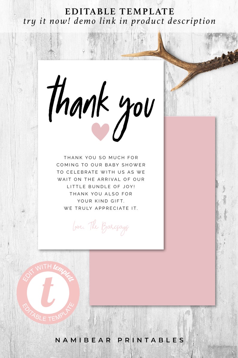 Peut inclure: Une carte de remerciement rose et blanche avec le texte "thank you" en &eacute;criture cursive noire. La carte a un c&oelig;ur rose et le texte "Thank you so much for coming to our baby shower to celebrate with us as we wait on the arrival of our little bundle of joy! Thank you also for your kind gift. We truly appreciate it. Love, The Barcsays".