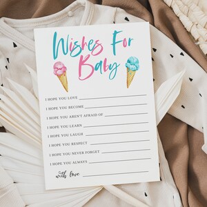 K&ouml;nnte beinhalten: Eine wei&szlig;e Karte mit dem Text "Wishes For Baby" in blauer und rosa Schrift. Zwei Eiswaffeln, eine rosa und eine blaue, sind &uuml;ber dem Text abgebildet. Die Karte enth&auml;lt eine Liste von W&uuml;nschen f&uuml;r ein Baby, wie z. B. "Ich hoffe, du liebst", "Ich hoffe, du wirst", "Ich hoffe, du hast keine Angst vor", "Ich hoffe, du lernst", "Ich hoffe, du lachst", "Ich hoffe, du respektierst", "Ich hoffe, du vergisst nie", "Ich hoffe, du bist immer", und "mit Liebe".