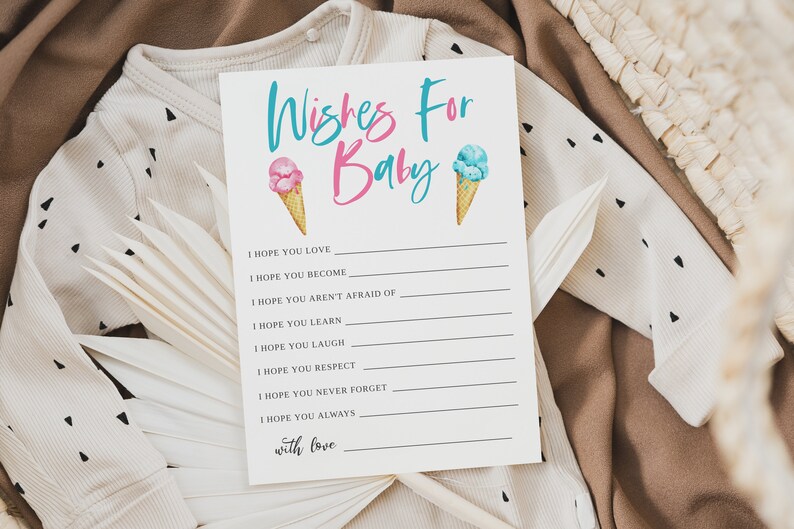 K&ouml;nnte beinhalten: Eine wei&szlig;e Karte mit dem Text "Wishes For Baby" in blauer und rosa Schrift. Zwei Eiswaffeln, eine rosa und eine blaue, sind &uuml;ber dem Text abgebildet. Die Karte enth&auml;lt eine Liste von W&uuml;nschen f&uuml;r ein Baby, wie z. B. "Ich hoffe, du liebst", "Ich hoffe, du wirst", "Ich hoffe, du hast keine Angst vor", "Ich hoffe, du lernst", "Ich hoffe, du lachst", "Ich hoffe, du respektierst", "Ich hoffe, du vergisst nie", "Ich hoffe, du bist immer", und "mit Liebe".