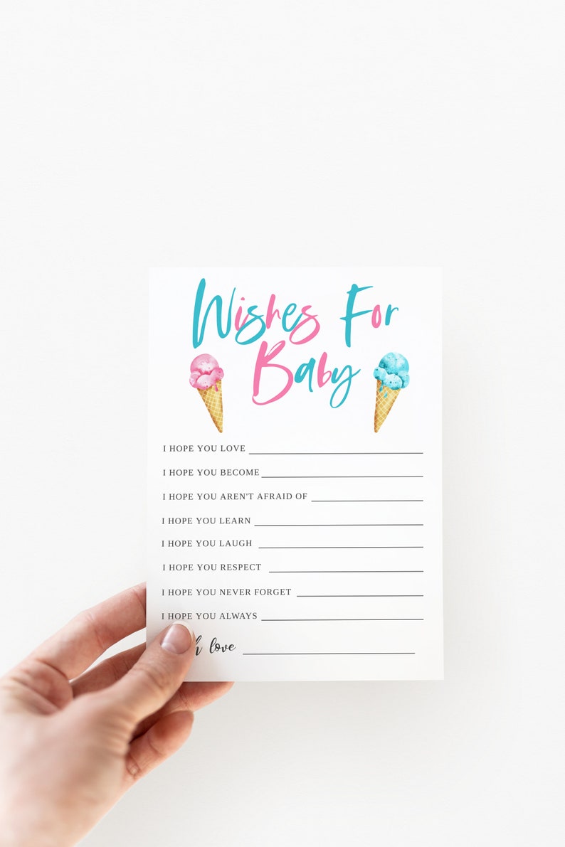 K&ouml;nnte beinhalten: Eine wei&szlig;e Karte mit dem Text "Wishes For Baby" in blauer und rosa Schrift. Zwei Eiswaffeln, eine rosa und eine blaue, befinden sich auf beiden Seiten des Textes. Die Karte enth&auml;lt eine Liste von W&uuml;nschen f&uuml;r ein Baby, wie z. B. "Ich hoffe, du liebst", "Ich hoffe, du wirst", "Ich hoffe, du hast keine Angst vor", "Ich hoffe, du lernst", "Ich hoffe, du lachst", "Ich hoffe, du respektierst", "Ich hoffe, du vergisst nie", "Ich hoffe, du bist immer", und "Ich liebe dich".