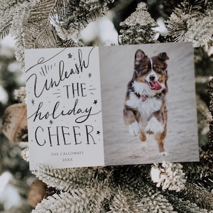 Tarjeta navideña con foto de perro / Libera la alegría navideña / Plantilla editable / Mascota / Descarga instantánea / Tarjeta con foto de 5x7 / Imprimible