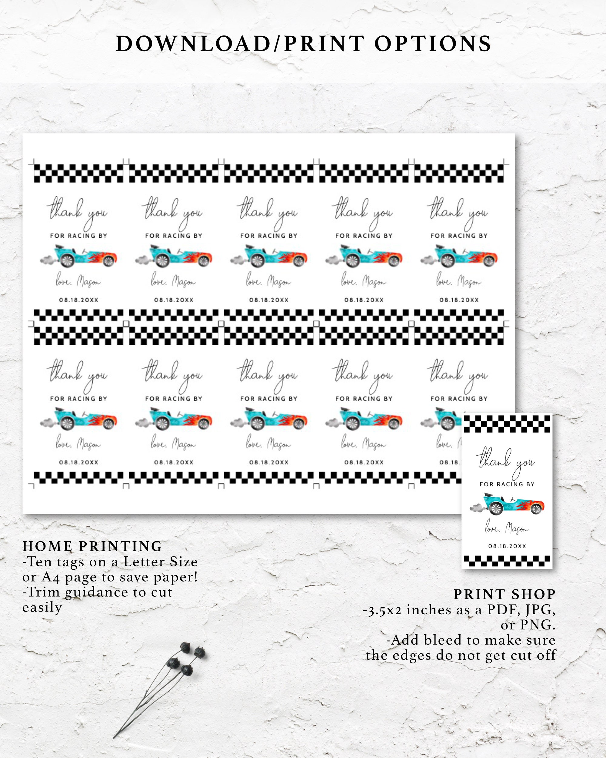Printable Race Car Theme Birthday Party Favor Tag | Instant Download ...