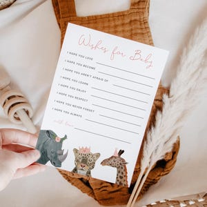 Safaridieren MEISJE Babyshowerwensen voor baby | Direct downloaden | Sjabloonkaart | Spel | Babyshoweractiviteit S10