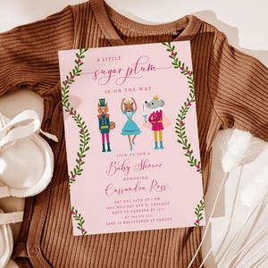 Baby shower de Casse-Noisette | Petite invitation prune sucrée | Fête prénatale de Noël | Téléchargement instantané | Modèle de carte modifiable