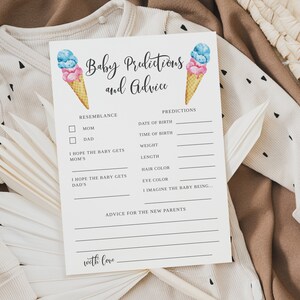 Kaart met roze en blauwe babyijs: voorspellingen en advies | Babyshower voor tweeling | Jongen en meisje | Afdrukbaar | Zomer | Sjabloon I02