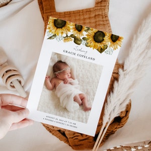 Floral Birth Announcement Card | New Baby Announcement | Sunflower | Newborn Photo Card | Editable Template