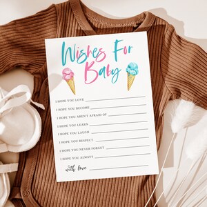 K&ouml;nnte beinhalten: Eine wei&szlig;e Karte mit dem Text "Wishes For Baby" in blauer und rosa Schrift. Zwei Eiswaffeln, eine rosa und eine blaue, sind &uuml;ber dem Text abgebildet. Die Karte enth&auml;lt eine Liste von W&uuml;nschen f&uuml;r ein Baby, wie z. B. "Ich hoffe, du liebst", "Ich hoffe, du wirst", "Ich hoffe, du hast keine Angst vor", "Ich hoffe, du lernst", "Ich hoffe, du lachst", "Ich hoffe, du respektierst", "Ich hoffe, du vergisst nie", "Ich hoffe, du bist immer", und "mit Liebe".