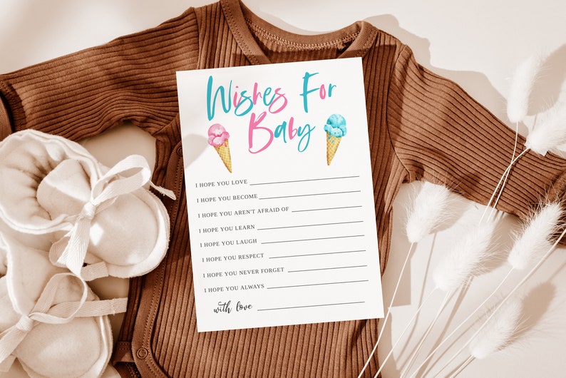K&ouml;nnte beinhalten: Eine wei&szlig;e Karte mit dem Text "Wishes For Baby" in blauer und rosa Schrift. Zwei Eiswaffeln, eine rosa und eine blaue, sind &uuml;ber dem Text abgebildet. Die Karte enth&auml;lt eine Liste von W&uuml;nschen f&uuml;r ein Baby, wie z. B. "Ich hoffe, du liebst", "Ich hoffe, du wirst", "Ich hoffe, du hast keine Angst vor", "Ich hoffe, du lernst", "Ich hoffe, du lachst", "Ich hoffe, du respektierst", "Ich hoffe, du vergisst nie", "Ich hoffe, du bist immer", und "mit Liebe".