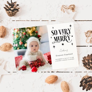 Geboorteaankondigingskaart VAKANTIE | Eerste kerstkaart voor baby | Zo erg vrolijk | Bewerkbare sjabloon