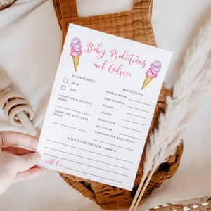 Prédictions et conseils roses pour bébé de couleur crème glacée | Imprimable | Été | Baby Shower fille | Modèle | Activité I02