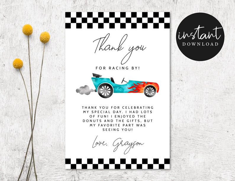 Printable Race Car Theme Boy's Birthday Party Thank You - Etsy