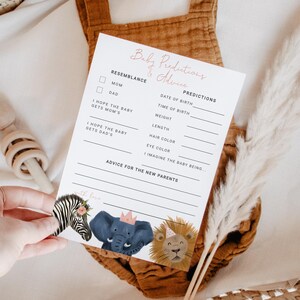 Prédictions imprimables de baby shower de fille de safari de bébé | Téléchargement instantané | Modèle de carte | Activité baby shower S10