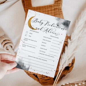 Prédictions et conseils pour bébé | Baby Shower sur la lune | Modèle | Activité baby shower | Aquarelle grise O1