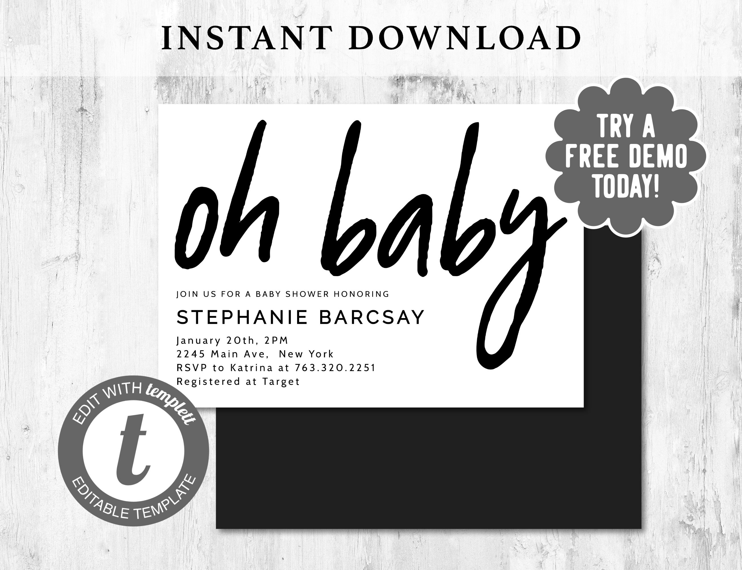 Printable Modern Black and White Baby Shower Editable Gender | Etsy