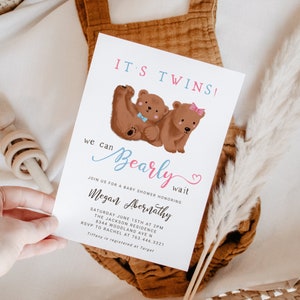 Printable Twins Boy & Girl Cub Bear Baby Shower Invite | Instant Download Invitation Card | We Can Bearly Wait | Editable Template B16