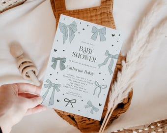 Zaproszenie na baby shower dla chłopca z kokardą | Zaproszenie na baby shower ze wstążką | Do druku | Szablon do edycji | Natychmiastowe pobranie