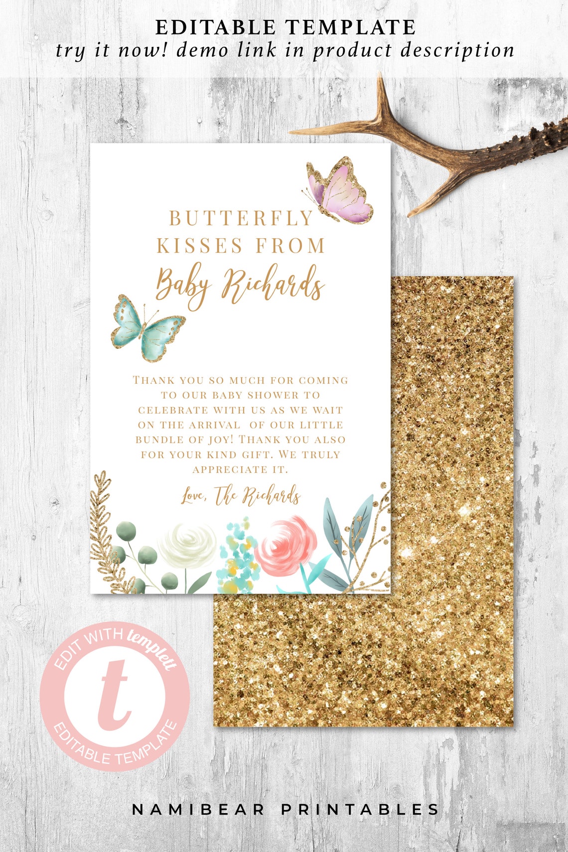 Butterfly Baby Shower Thank You Card Butterfly Kisses 4x6 Etsy