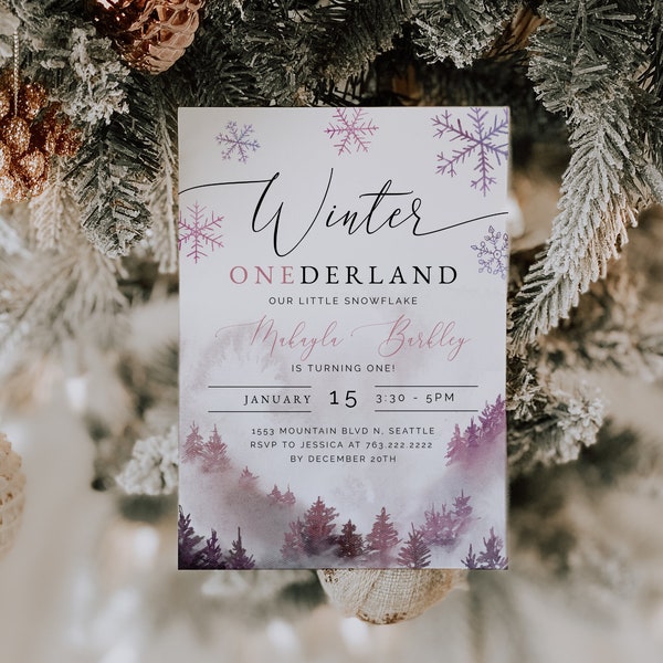 Winter ONEderland Birthday Invitation | Girl 1st Birthday Invite | Mountain | Pine Tree Forest | Instant Download | Editable Template W06