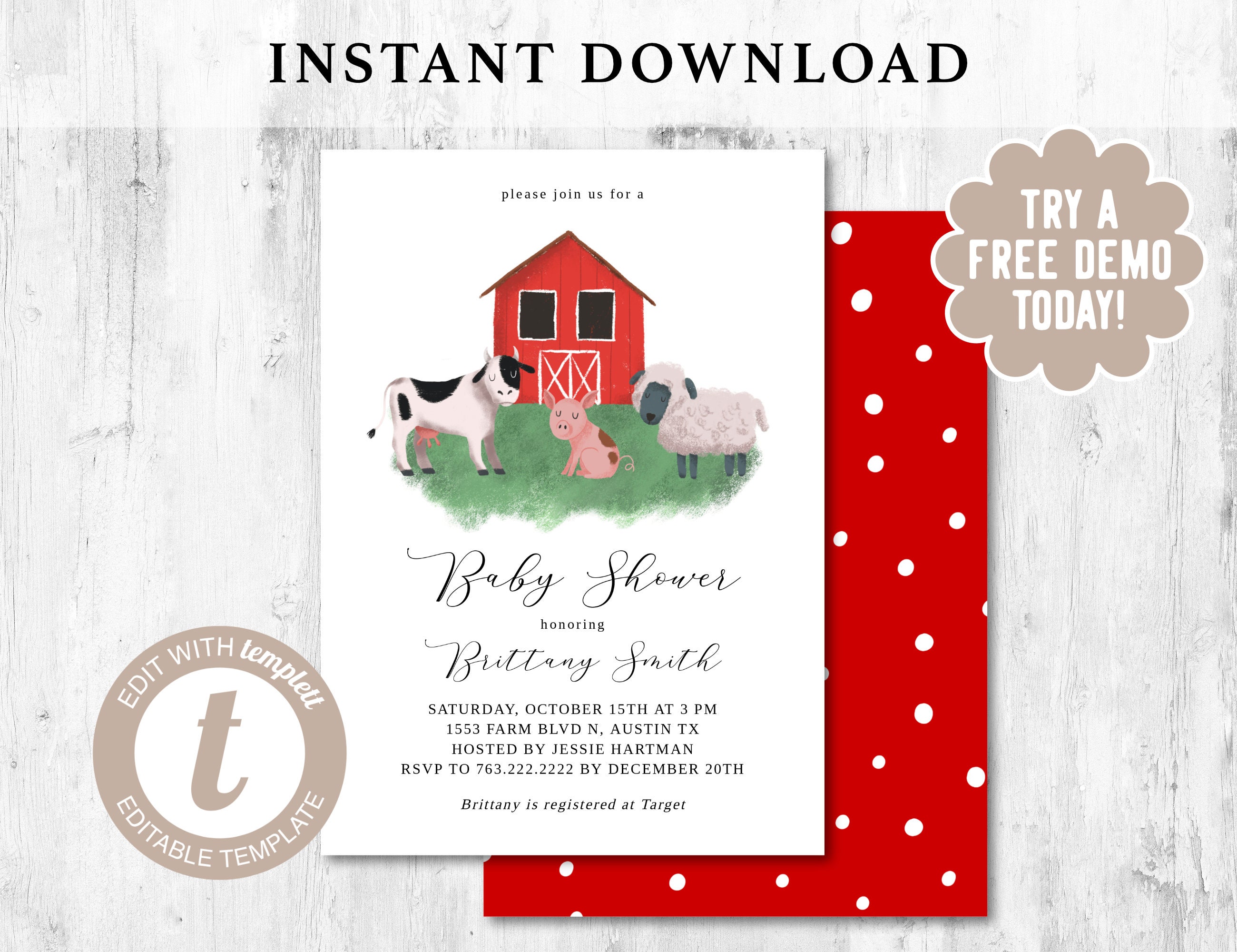 Printable Rustic Farm Theme Baby Shower Invitation Editable | Etsy