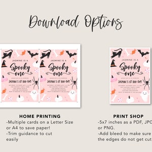 May include: Printable Halloween party invitation with a pink background and black and white illustrations of a witch's hat, bats, candy, pumpkins, a spider, and a ghost. The text reads "Jasmine is a Spooky One" and "Jasmine's 1st Boo-Day".