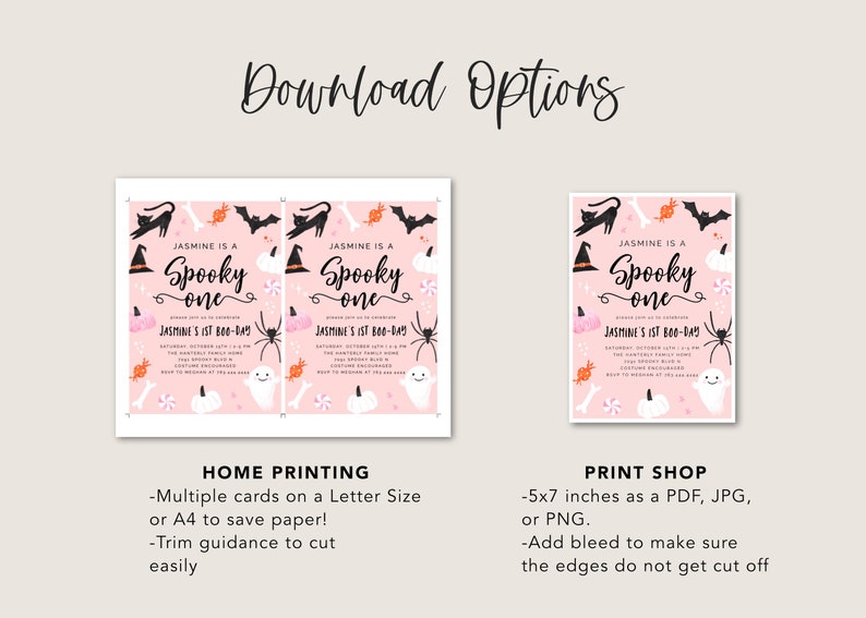 May include: Printable Halloween party invitation with a pink background and black and white illustrations of a witch's hat, bats, candy, pumpkins, a spider, and a ghost. The text reads "Jasmine is a Spooky One" and "Jasmine's 1st Boo-Day".