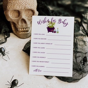 Tarjeta de juego con deseos de Halloween para bebés / Baby Shower de niñas / Se está gestando un bebé / Caldero / Imprimible / Plantilla de tarjeta H01