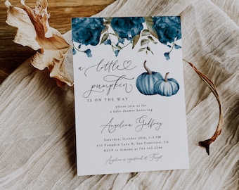 Blue Pumpkin Baby Shower Invitation | Little Pumpkin Invite | Fall Baby Shower | Boy Baby Shower | P11
