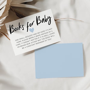 Demande de livre imprimable pour baby shower coeur bleu moderne, téléchargement immédiat, carte de modèle Apportez un livre, carte d'insertion de douche de garçon modifiable M01