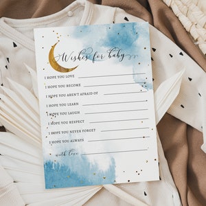 Wensen voor baby | Babyshower jongens | Over de maan | Babyshowerspel | Afdrukbare kaart O1