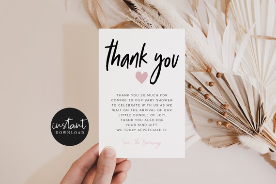 Printable Modern Baby Shower Thank You Card, Editable Minimalist Pink Heart Baby Shower 4x6 Card, Instant Download Template Card M01