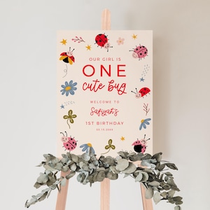 May include: A white sign with red and black ladybirds, flowers, and stars. The sign says "Our girl is one cute bug. Welcome to Safiyah's 1st Birthday 02.12.2023."