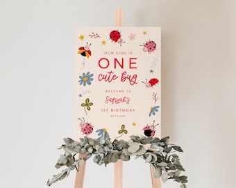 One Cute Bug Welcome Sign | Ladybug Birthday Party | 1st birthday | Party Decor | Instant Download | Editable | 16X20, 18X24, 20X30 L08