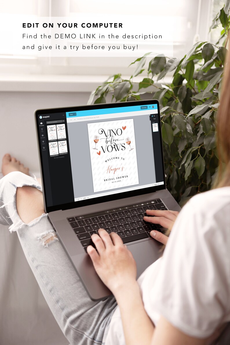 Pode incluir: Um ecr&atilde; de computador port&aacute;til que mostra um modelo de design digital para um sinal de despedida de solteira. O sinal apresenta uma ilustra&ccedil;&atilde;o de aquarela de copos de vinho e o texto "Vino before Vows" com um cora&ccedil;&atilde;o rosa. O texto "Welcome to Harper's Bridal Shower" tamb&eacute;m est&aacute; inclu&iacute;do no sinal.