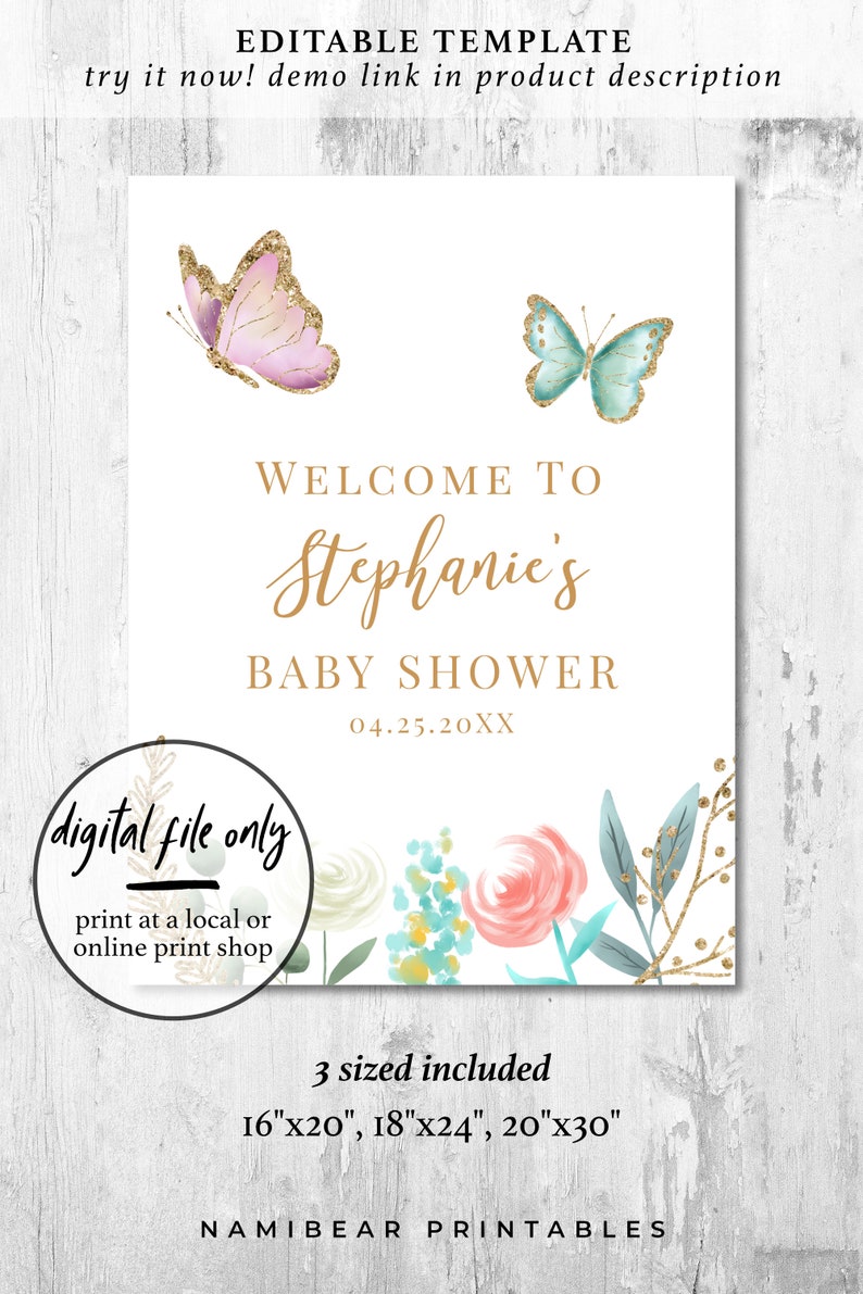 Butterfly Baby Shower Sign Instant Download Etsy