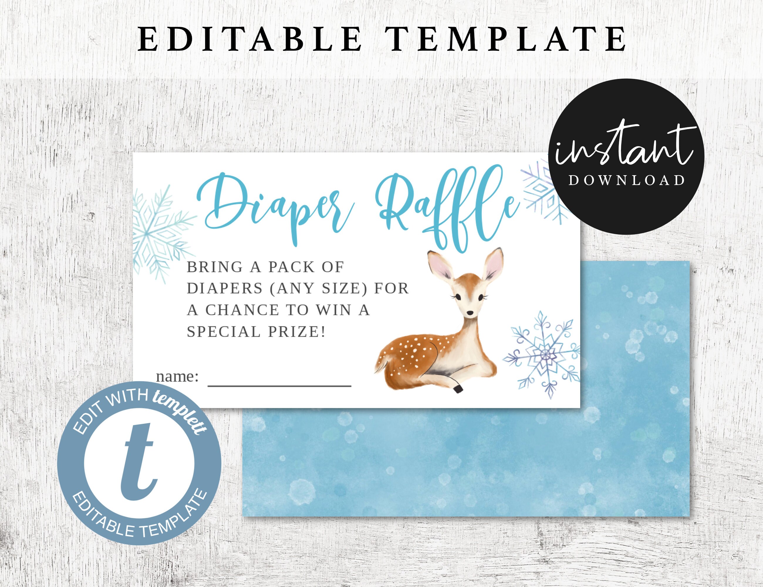 Printable Winter Wonderland Theme Baby Shower Diaper Raffle Ticket Editable Insert Card P01 Instant Download Blue Penguin Template Card